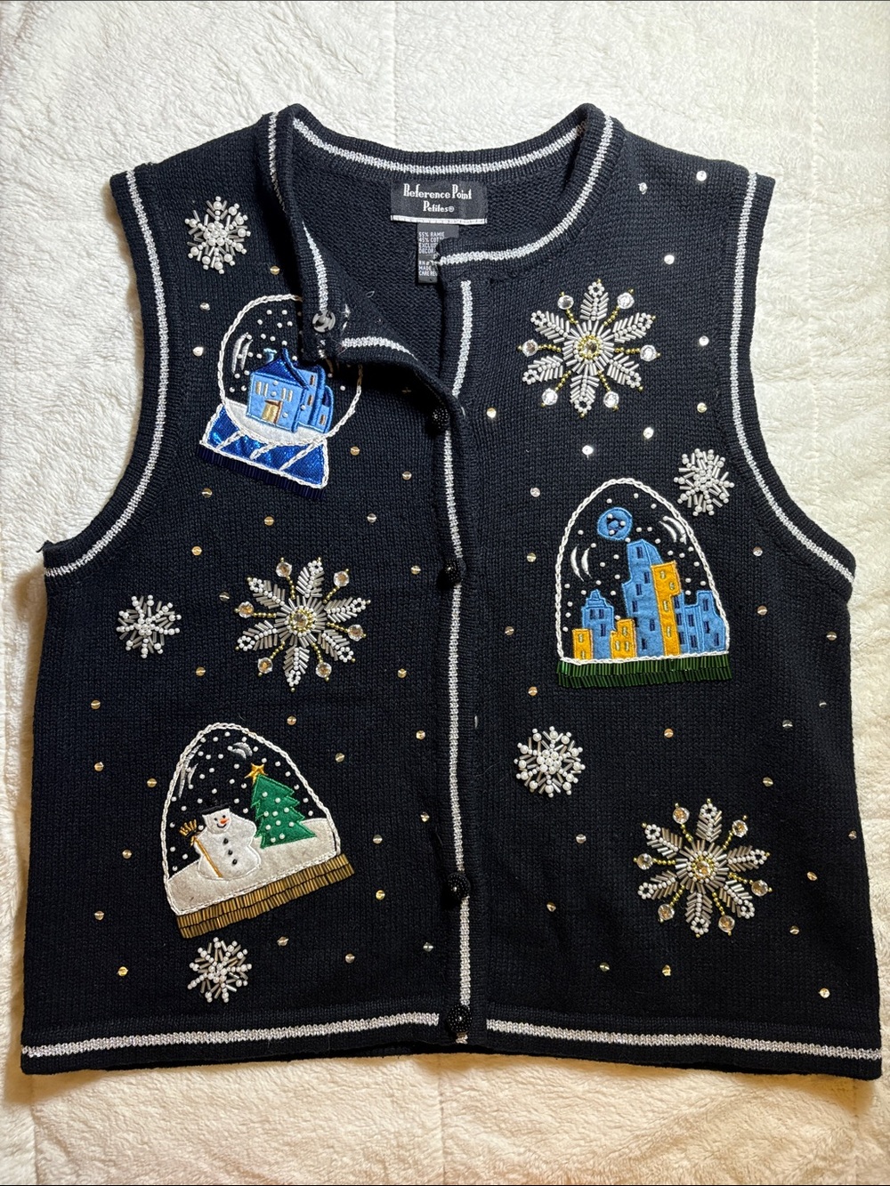 Vintage Reference Point Petites Beaded Snowflake Snow Globe Holiday Sweater Vest